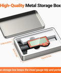 Digital Tire Tread Depth Gauge with Large LCD Display in metal storage box, shown with dimensions 13cm x 8cm x 2.06cm