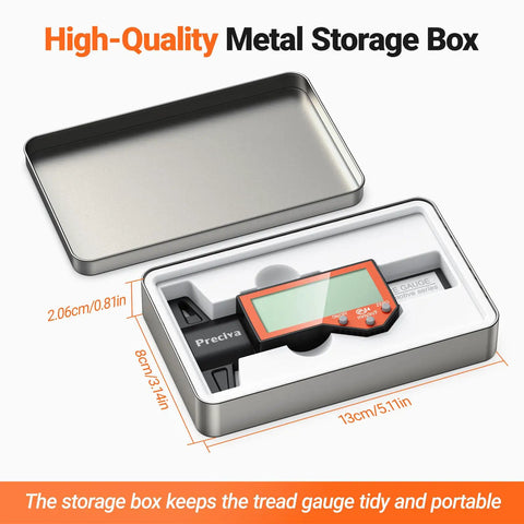 Digital Tire Tread Depth Gauge with Large LCD Display in metal storage box, shown with dimensions 13cm x 8cm x 2.06cm
