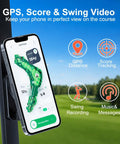 Close-up of an iPhone mounted on a golf cart phone holder displaying GPS distance, swing recording, and score tracking features.