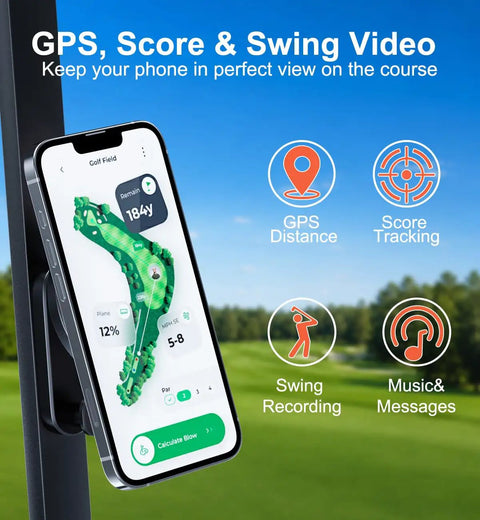 Close-up of an iPhone mounted on a golf cart phone holder displaying GPS distance, swing recording, and score tracking features.