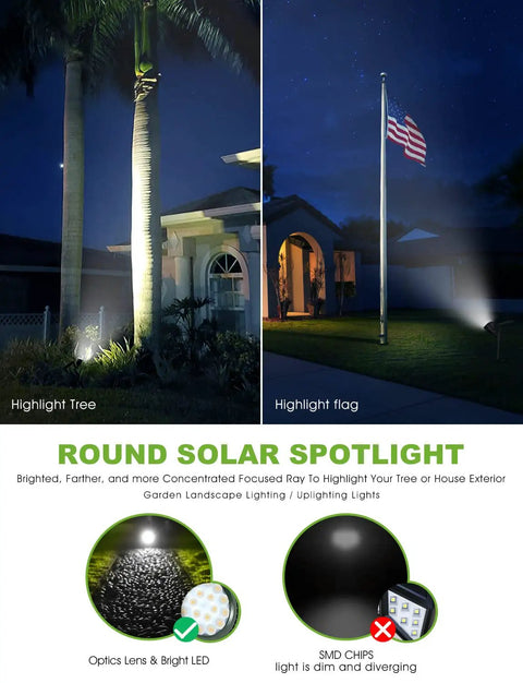 Multicolor Solar Lights Outdoor Pack Of 4 With 18 LEDs Waterproof Landscape Spotlights highlighting tree and flag, night scene