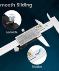 Image of Go-To 6 Inch Digital Caliper with large LCD screen, showing lockable and slidable features for smooth sliding.