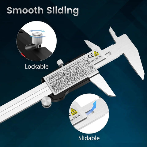 Image of Go-To 6 Inch Digital Caliper with large LCD screen, showing lockable and slidable features for smooth sliding.