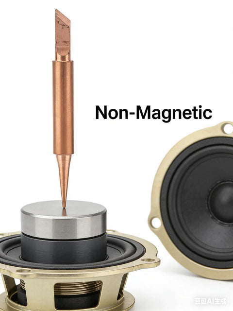 Six Piece Pure Copper Solder Tips Set For 936 Soldering Iron Handles featuring a knife tip and non-magnetic demonstration
