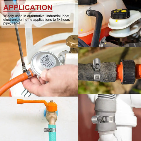 Three Hundred Piece Hose Clamp Set with Eight Sizes Ranging from Quarter Inch to One and Three Quarters Inch 304 Stainless Steel Worm Gear Clamps in use on various hoses and pipes.
