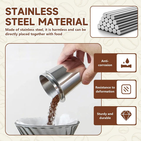 Hand pouring coffee grounds from Stainless Steel 51mm Coffee Dosing Cup For Espresso Machines into a filter, highlighting durability.