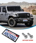 Silver Jeep with Mountain License Plate Frame Set, Black Plastic Car Tag Holder Bracket With Screws And Caps, 2 Pack visible