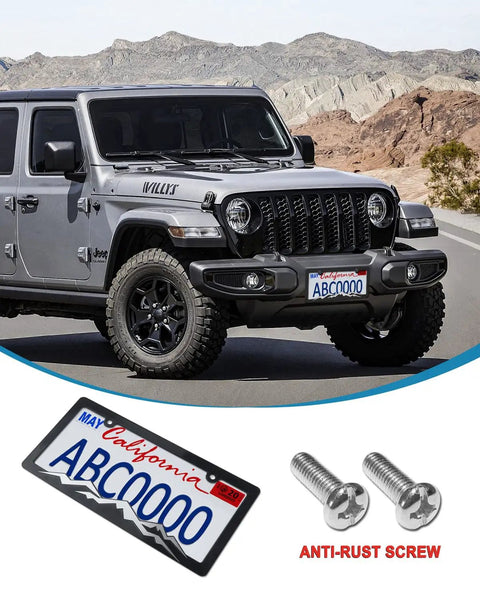Silver Jeep with Mountain License Plate Frame Set, Black Plastic Car Tag Holder Bracket With Screws And Caps, 2 Pack visible