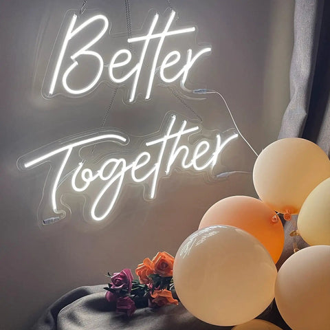 Better Together Neon Sign With Remote, Large Two Part Wedding Decor Kit with balloons and roses, perfect for engagement parties.