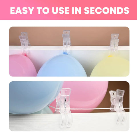 12 Pack Balloon Arch Clips 3.5 Inch Clear Clips for Backdrop Stands, securing colorful balloons with transparent spring clamps.