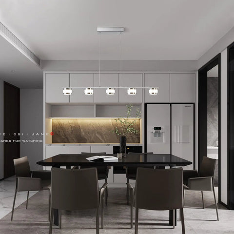 5 Light LED Pendant Chandelier for Kitchen Island, Dimmable Modern Fixture in Brushed Nickel and Chrome over dining table