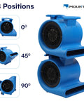 Powerful 1HP 4000+ CFM 3-Speed Air Mover Floor Blower shown at 0, 45, 90 degree angles with heavy-duty rotomolded housing