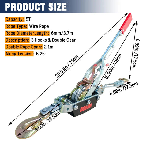 Bigorenda come-along winch with 5T capacity, 12 ft steel cable, dual gears, and 3 hooks, Amazon brand.
