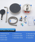 Dope 10 Inch Rain Shower Head Combo System With Wall Mounted Brushed Nickel Finish package components displayed