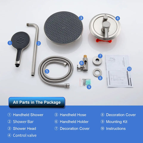 Dope 10 Inch Rain Shower Head Combo System With Wall Mounted Brushed Nickel Finish package components displayed
