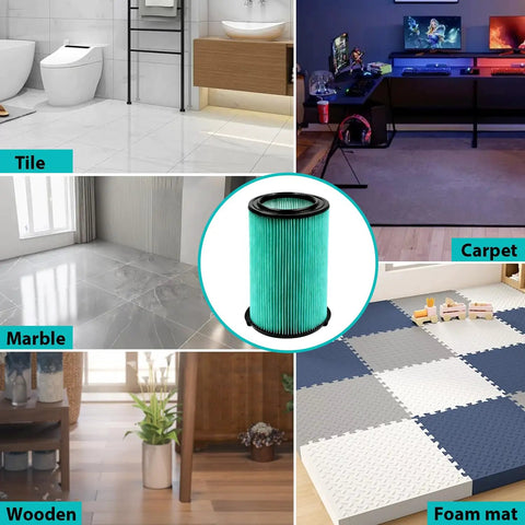 2 Pack VF6000 Five Layer Pleated Vacuum Filter Replacement For Wet Dry Vacuums with floor type examples: tile, carpet, marble