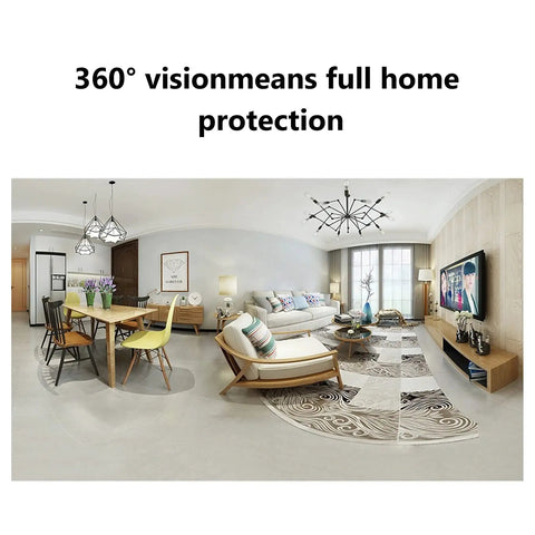 360 Degree All-In-One Home Security Cam 2K With AI Human Detection captures wide living room view with modern decor