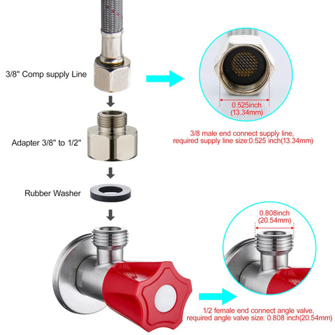 Diagram showing Half Inch Female To Three Eighths Inch Male Reducer Adapter Brass Pipe Fittings Water Hose Connector with Rubber Washer