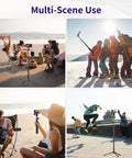 62 Inch Extendable Selfie Stick Tripod For GoPro And Osmo Pocket 3 in use outdoors on beach, snowy mountain, and urban areas