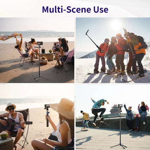 62 Inch Extendable Selfie Stick Tripod For GoPro And Osmo Pocket 3 in use outdoors on beach, snowy mountain, and urban areas