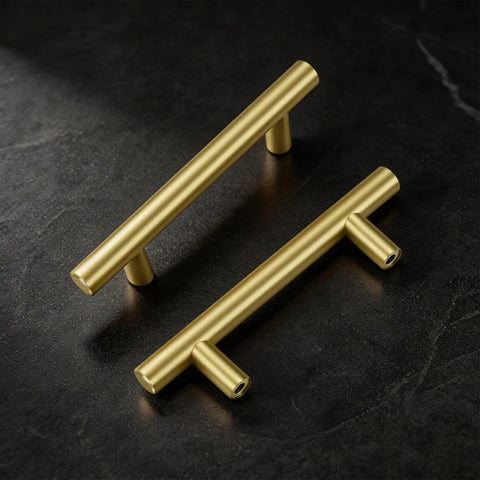 10 Pack Brushed Gold Cabinet Pulls on dark surface, 3 Inch Hole Center Kitchen Cabinet Handles for Bar and Drawer, durable hardware.