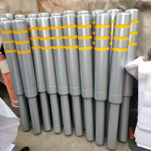 No Sweat Installation Heavy Duty Steel Safety Bollard Pour In Place Post With Vivid Reflective Strips stacked in a group.