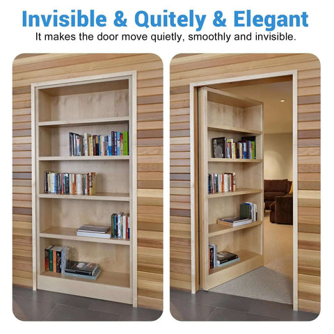Bookshelf door open and closed with 2 Piece Stainless Steel Hidden Door Hinge Pivot 570 Lbs Heavy Duty Invisible Door Hardware