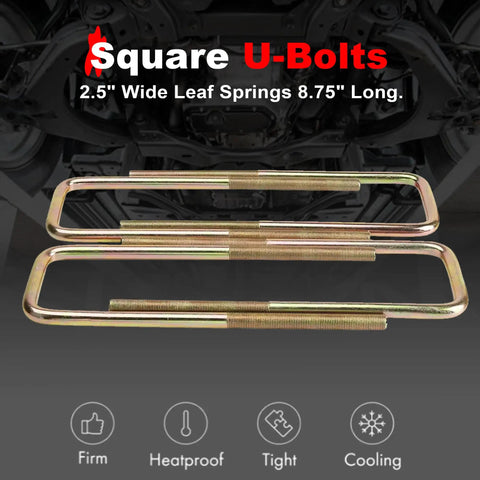 4 Pieces Square U Bolts 2.5 Inch Wide Leaf Springs 8.75 Inch Long For Chevrolet Silverado 1500 And GMC Sierra 1500 1988 To 2019 Heavy Duty Replacement Kit, square U-bolts shown