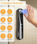 Hella Easy Keyless Entry Setup featuring Video Doorbell Camera Smart Deadbolt with palm vein scanner and unlock methods display.