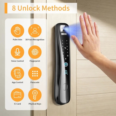 Hella Easy Keyless Entry Setup featuring Video Doorbell Camera Smart Deadbolt with palm vein scanner and unlock methods display.