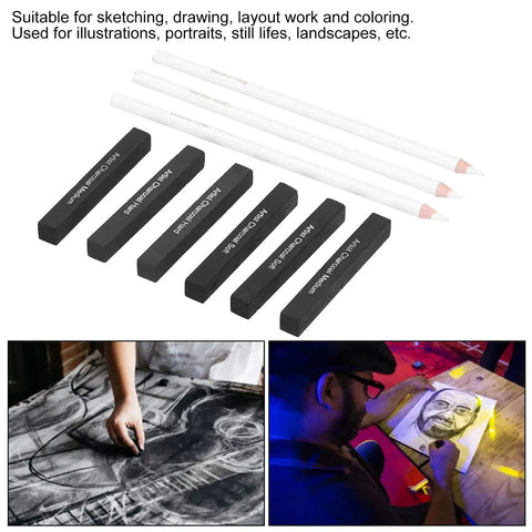 White Charcoal Pencils Sketching Set For Beginners And Pros with wooden handles, graphite and charcoal sticks, and art usage