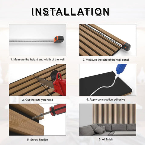 Step-by-step installation guide of Premium Acoustic Wood Slat Wall Panels with Sound Absorbing Properties for Noise Reduction.