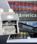 Two Pocket Cash Counter For Mixed Denominations With Value Counting Multi Currency Bill Counter next to bank images.