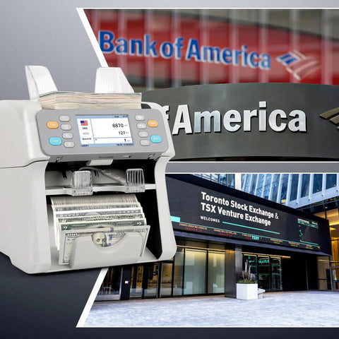 Two Pocket Cash Counter For Mixed Denominations With Value Counting Multi Currency Bill Counter next to bank images.
