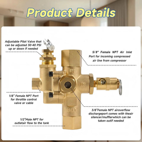 Inline Piloted Unloader Check Valve With Relief For Air Compressors Five Eighth Inch Inlet And One Half Inch Female NPT Outlet Adjustable Throttle Control Pro Grade Heavy Duty Pneumatic Valve For Industrial Systems, brass valve