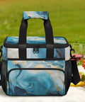 Blue marbling Insulated Picnic Backpack Lunch Bag For Women And Men, on a picnic blanket with fruits and wine.