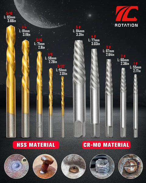 10 Piece Screw Extractor And Left Hand Drill Bit Set For Stripped Screws And Broken Bolts Easy Out Bolt Remover Kit with HSS and CR MO materials.