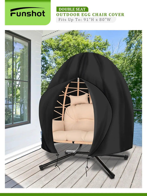Waterproof Double Egg Chair Cover for Outdoor Hanging Swing Seats 91 By 80 Inches, covering beige egg chair on patio.