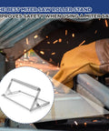 Two Large Adjustable Miter Saw Roller Stands Set With Dual Bearing System For Heavy Duty Smooth Sliding And Precise Cuts Height Adjustable From 0.98 To 5.71 Inches Table Saw Stand For Cutting Machines with gloved hand guiding material on cutting machine.