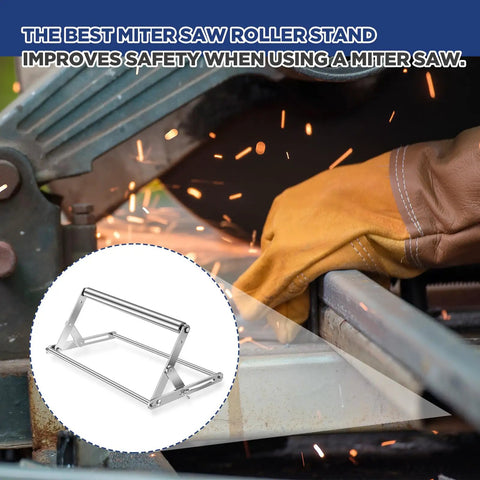 Two Large Adjustable Miter Saw Roller Stands Set With Dual Bearing System For Heavy Duty Smooth Sliding And Precise Cuts Height Adjustable From 0.98 To 5.71 Inches Table Saw Stand For Cutting Machines with gloved hand guiding material on cutting machine.