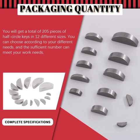 Half Moon Woodruff Key Set 205 Pcs Carbon Steel Assortment Kit with 12 sizes displayed on a white surface
