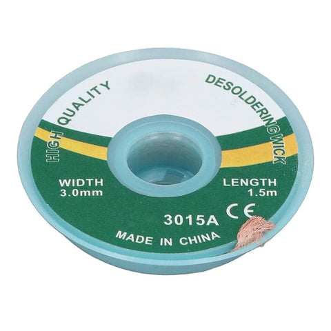Spool of High Efficiency Solder Wick Desoldering Braid With Copper Alloy For Quick Solder Removal 3mm By 1.5m, labeled with measurements