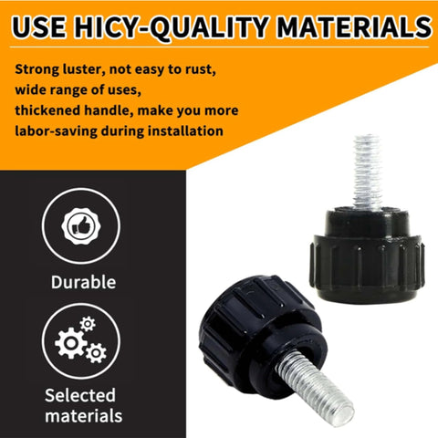 12 Pack M4 X 10 mm Knurled Thumbscrews Carbon Steel Black Round Clamping Knobs for Monitor Mounts and VESA Screws Durable Threaded Mounting Thumb Screws Reusable Black Fasteners for Secure Easy Peasy Setup close-up view.