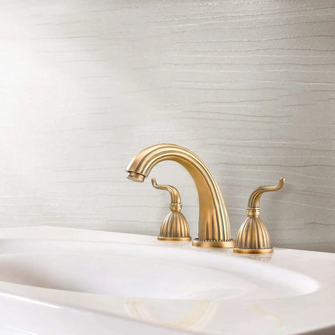 Antique Brass Two-Handle Three-Hole Bathroom Sink Faucet With Drip-Free Solid Brass Construction Hot And Cold Water Mixing Classic Vanity Tap Matching Metal Pop-Up Drain Assembly For Easy Install