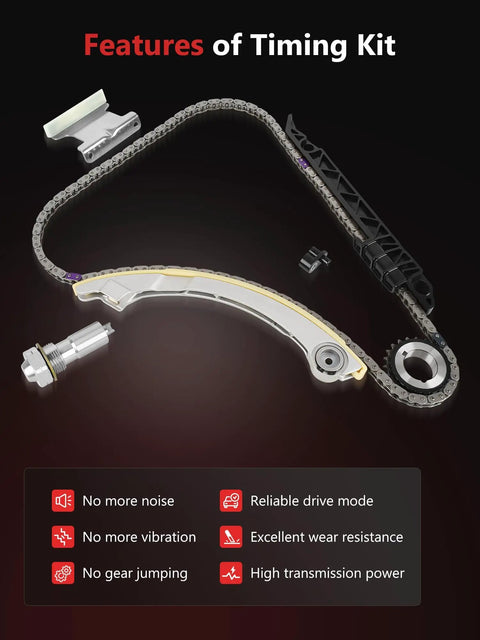 Timing Chain Kit With Sprocket For Chevy And GM Cars 2.0L 2.2L 2.4L L4 Engines displaying chain, tensioner, and features.