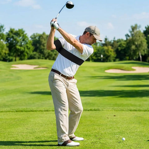 Golfer using Golf Swing Arm Band Training Aid For Correct Posture And Smooth Swing Plane Flexible Arm Corrector Tool on course