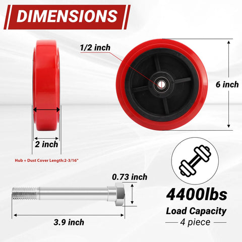 Dimensions overview of 8 Inch Polyurethane Caster Wheel With Polyolefin Core, 1100 lb capacity, 1/2 inch bore, dust cover