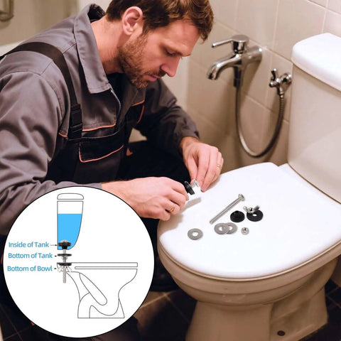 Plumber installing 2 Pcs Toilet Tank Bolts Replacement Kit Heavy Duty Stainless Steel Universal Toilet Seat Bolts and Nuts with diagram