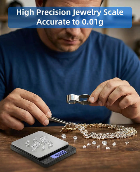 Digital Gram Scale 0.01g Precision Pocket Sized Kitchen Jewelry Scale 0.3g To 500g For Gold Coins Coffee Powder With 9 Units 2 Trays And 2 AAA Batteries Black Design being used to weigh jewelry with precision up to 0.01g.