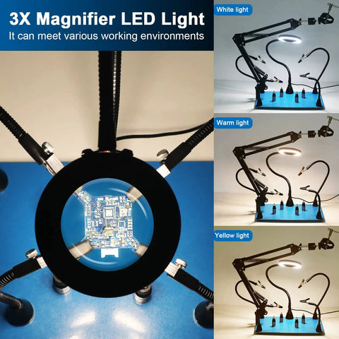 Magnetic Helping Hands Soldering Clamp 2 In 1 Third Hand Workstation with 3X Magnifier Lamp and heat gun holder on blue base.
